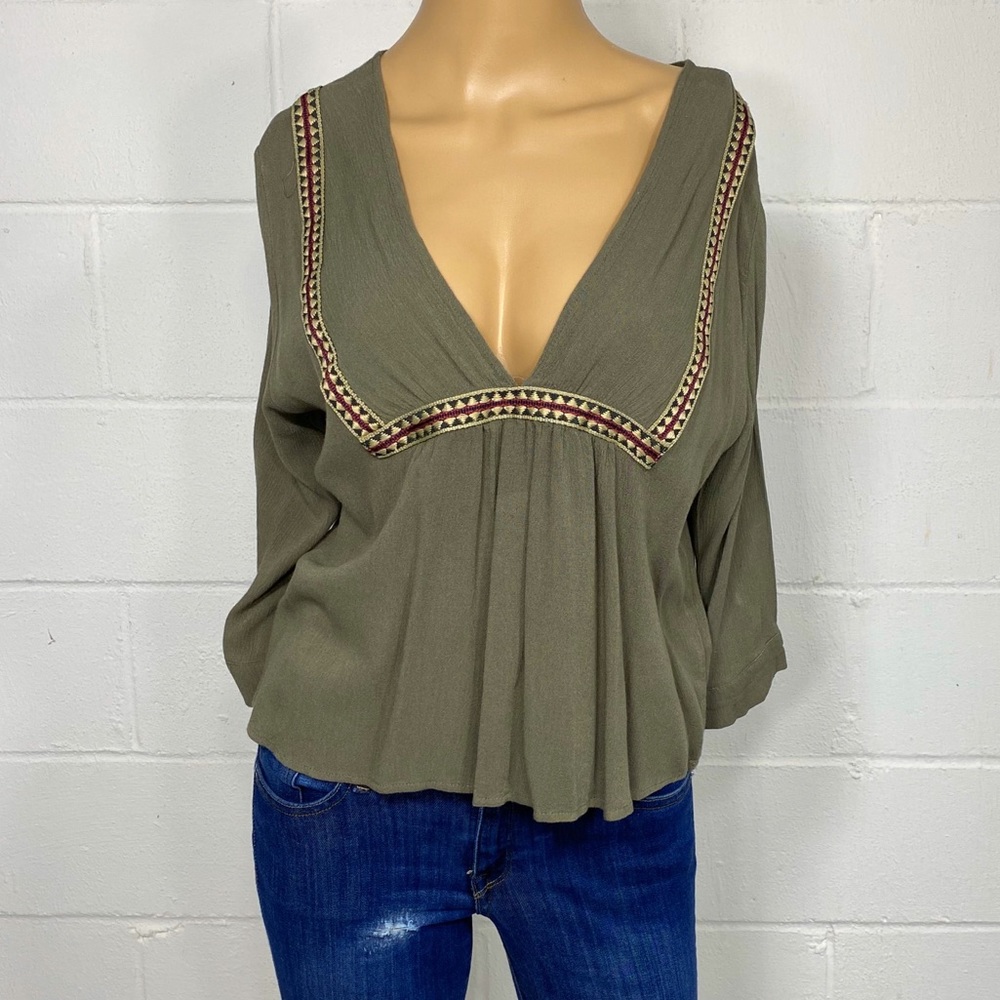 Elodie Woman’s Top Khaki Green Embroidered Size L